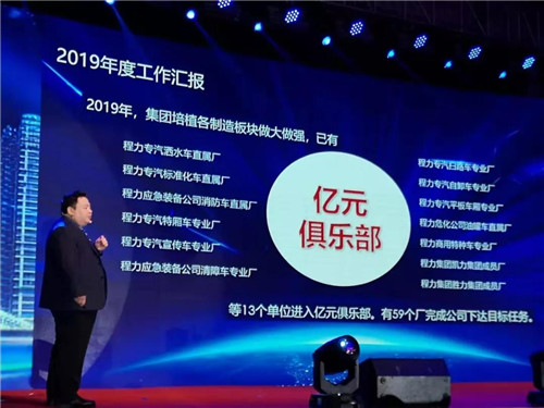 程力汽車集團總經理程阿羅向大會作主題演講報告，并全面部署2020年工作計劃。 程力集團公司總經理向年會報告2019年工作完成情況，以及2020年主要工作任務和集團“四五”規劃及長遠規劃的有關情況。 他講到，剛剛過去的2019年，程力公司面臨國內外汽車市場低迷的不利形勢，集團廣大干部職工團結一心，發揚頑強拼搏、銳意進取的精神，用汗水詮釋責任，實干篤定前行，使集團公司的生產經營實現了逆勢上揚。程力專汽全年產值突破60億元，同比增長20%，出口創匯3050萬美元，上交稅金6468萬元，底盤銷售突破2萬臺